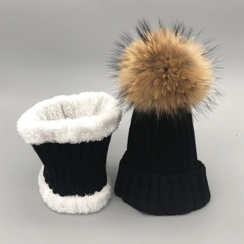 winter hat set Boys Girls Kids Warm Fleece Liner Hats set Winter Hat For Children Baby 100% Fur Pompom Skullies Beanies