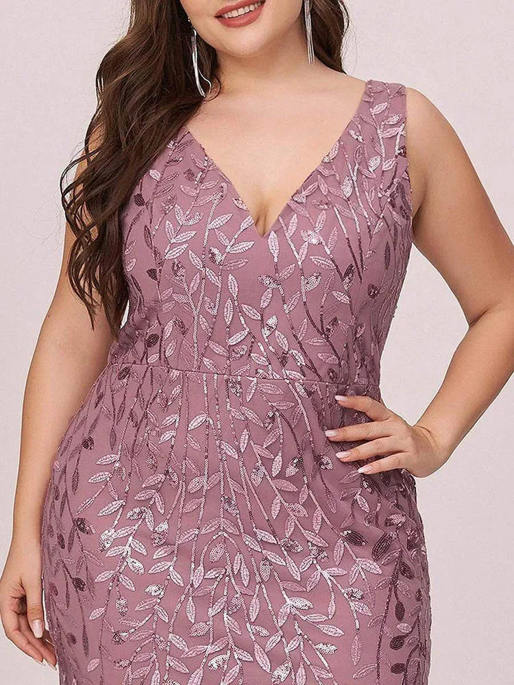 Plus Size Sleeveless Cocktail Dress V Neck  Back Mermaid Party Prom Gowns Tulle Sequins Full estidoes Women