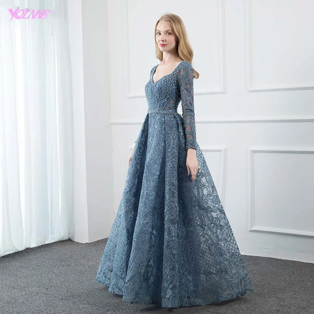 YQLNNE Dusty Blue Lace Embroidered Evening Dress Long Sleeve Formal Ball Gown Evening V Neck Crystal Beaded Dubai Dresses