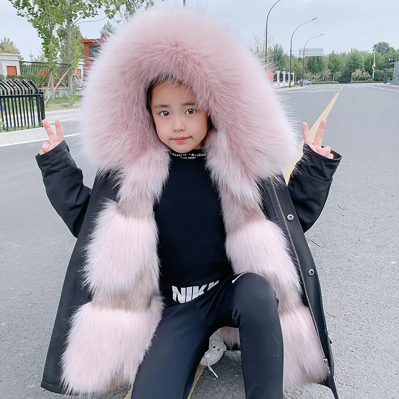 2023 Fashion winter Children Faux Fox Fur Coat Kid Boys Girls clothing Clothes Hooded Thick Warm Jacket Outerwear Parka snowsuit