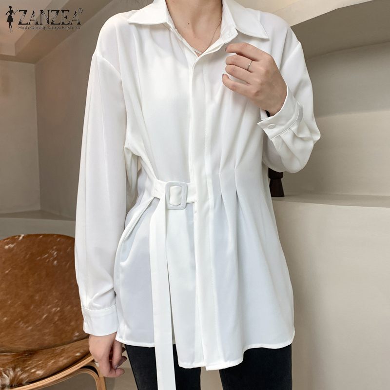 Fashion Women Long Sleeve Shirt ZANZEA Casual Lace Up Shirts Elegant Lapel Neck OL Asymmetric Tops Spring Blusas Femininas Tunic