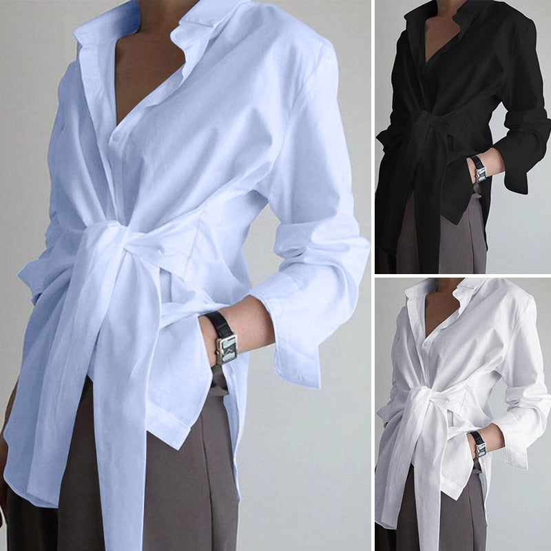 Fashion Women Long Sleeve Shirt ZANZEA Casual Lace Up Shirts Elegant Lapel Neck OL Asymmetric Tops Spring Blusas Femininas Tunic