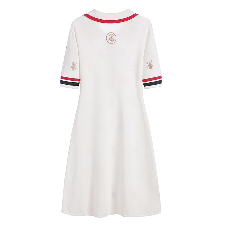 2023 Spring Summer Knit Cartoon Embroidered Polo Dress Woman Plus Size Black Casual Knee-length Straight Dresses Female