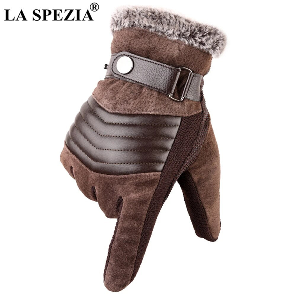 LA SPEZIA Brown Mens Leather Gloves Real Pigskin Russia Winter Gloves Warm Thick Driving Skiing Men's Gloves Guantes Luvas