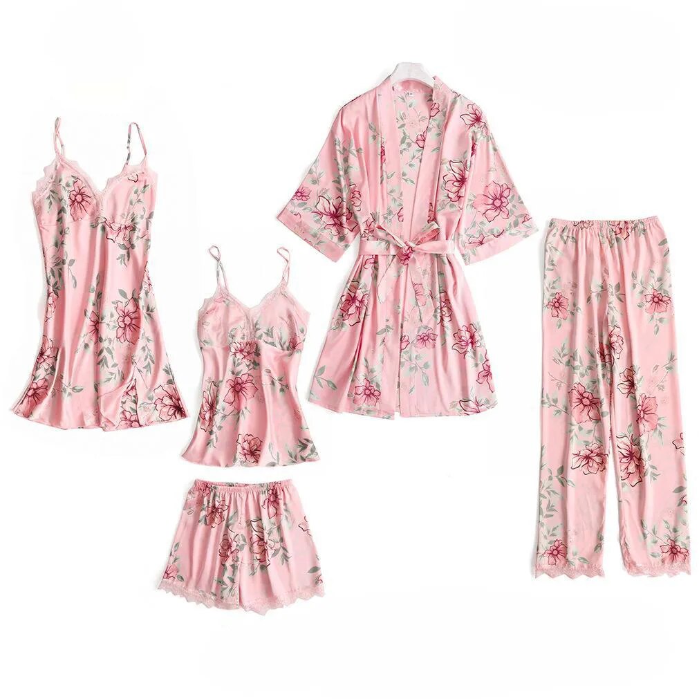 Pajamas Sleep Set Women Nightwear V-Neck Lace Sleepwear Sexy Nightie Bathrobe Wear Home Suit Negligee Spring Robe Gown