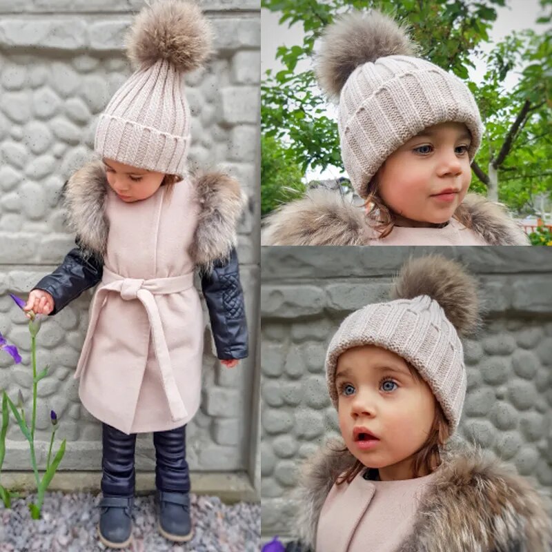 2023 Fashion Children Winter Real Fur Pompom Beanie Hat Scarf Warm Knitted Baby Hats For Kids Girls Boys Pom pom Cap