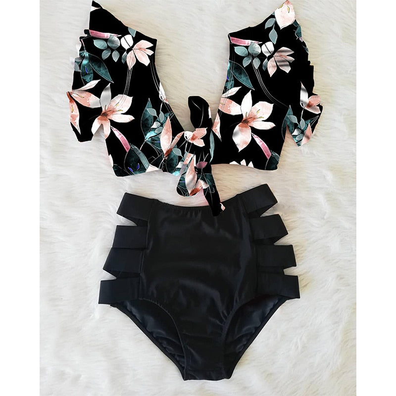 High Waist Ruffled Sexy Bikini Set 2022 Flounce Biquini Swimwear Women Two Pieces Swimsuit Floral Beachwear V-Neck Bathing Suit