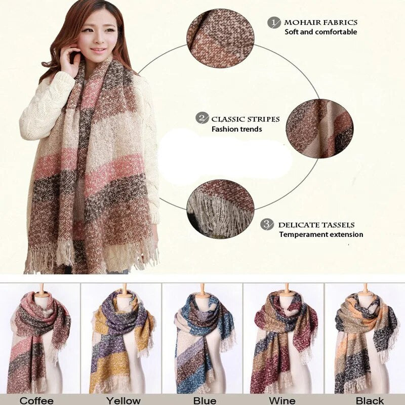 2020 Women Fall Winter Mohair Cashmere Like Scarf Long Size Warm Fashion Scarves & Wraps For Lady Casual Patchwork Accessories