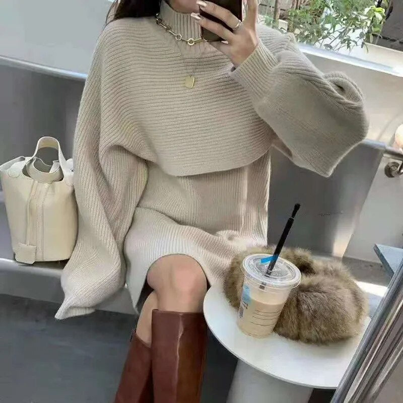 ITOOLIN Two-piece Dress Sets Winter Outfit Women Knitted Dress Set Fleece Casual Tracksuits Autumn Sweater and Tank Dress