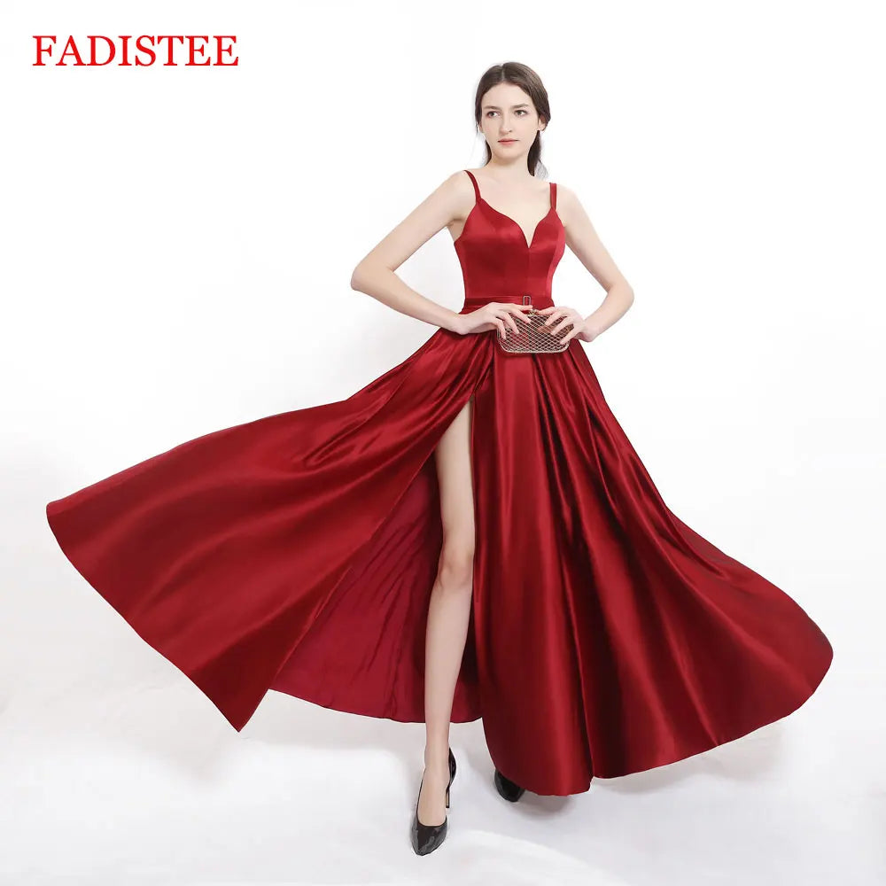 Plus Size Evening Dress With High Slit Prom Satin Red Blue Spaghetti Straps Sweetheart Sexy Vestidos De Fiesta De Noche Abiye