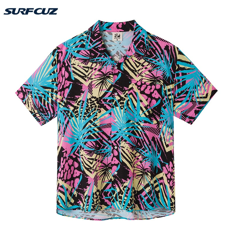 SURFCUZ Hawaiian Shirts For Men Tropical Pink Floral Aloha Shirt Sleeve Floral Loose Oversized Streetwear Men&#39;s Beach Shirts