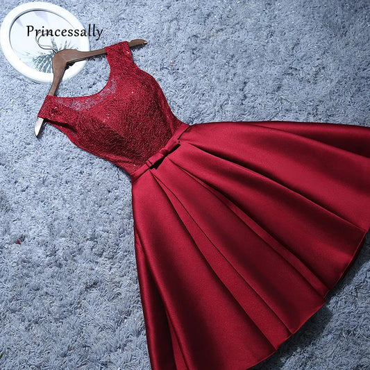 New Short Evening Dress Satin Lace Wine Red Grey A-line Bride Party Formal Dress Homecoming Graduation Dresses Robe De Soiree