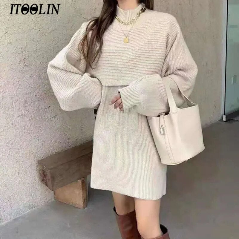 ITOOLIN Two-piece Dress Sets Winter Outfit Women Knitted Dress Set Fleece Casual Tracksuits Autumn Sweater and Tank Dress