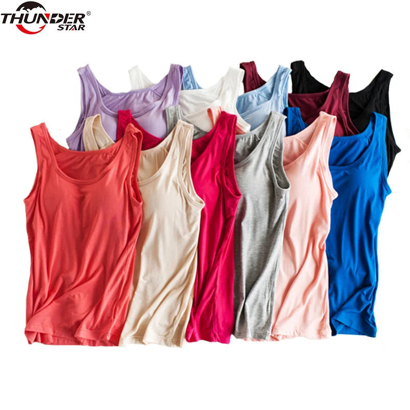 Women Built In Bra Padded Tank Top Female Modal Breathable Fitness Camisole Tops Solid Push Up Bra Vest Blusas Femininas