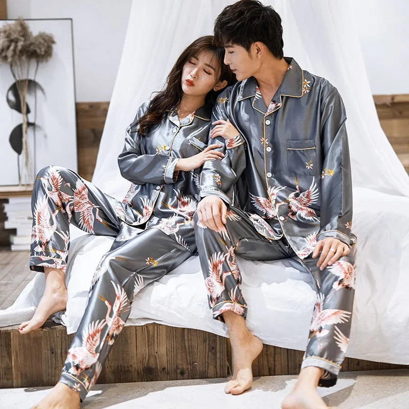 OVERSIZE Couples Print Pajamas Suit Shirt&amp;Pants Silky 2PCS Sleep Set Kimono Bathrobe Gown Casual Bridal Wedding Gift Nightwear