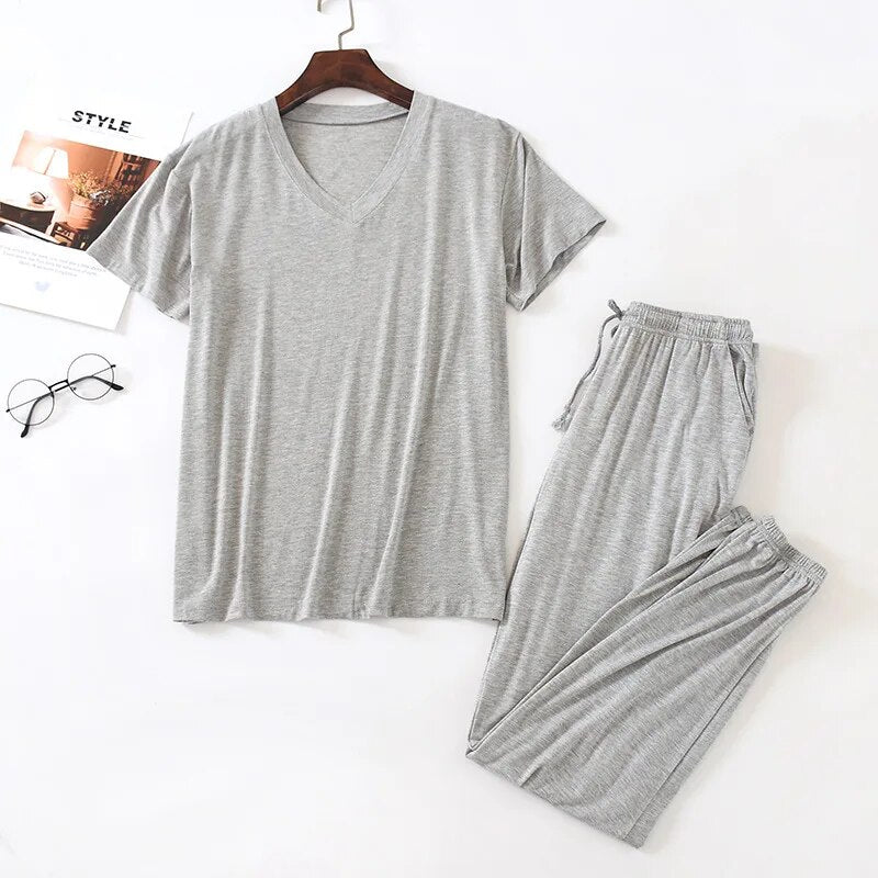 Fdfklak Nightwear Set 2Pcs Pajamas For Man Sleepwear Spring Summer Modal Short Sleeve Pijamas Man Black Home Clothes