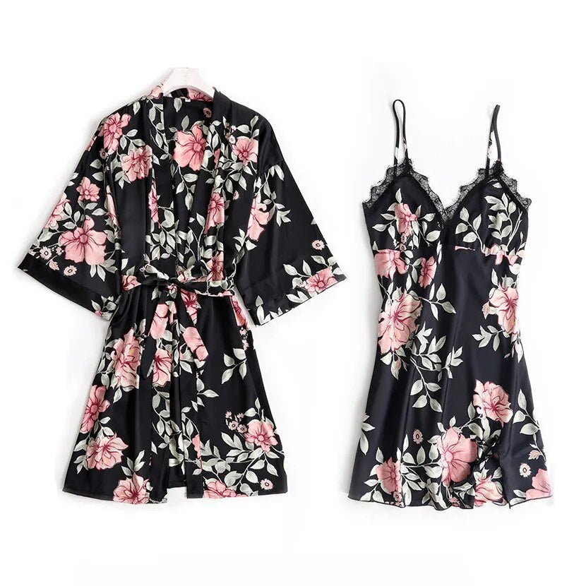 Pajamas Sleep Set Women Nightwear V-Neck Lace Sleepwear Sexy Nightie Bathrobe Wear Home Suit Negligee Spring Robe Gown