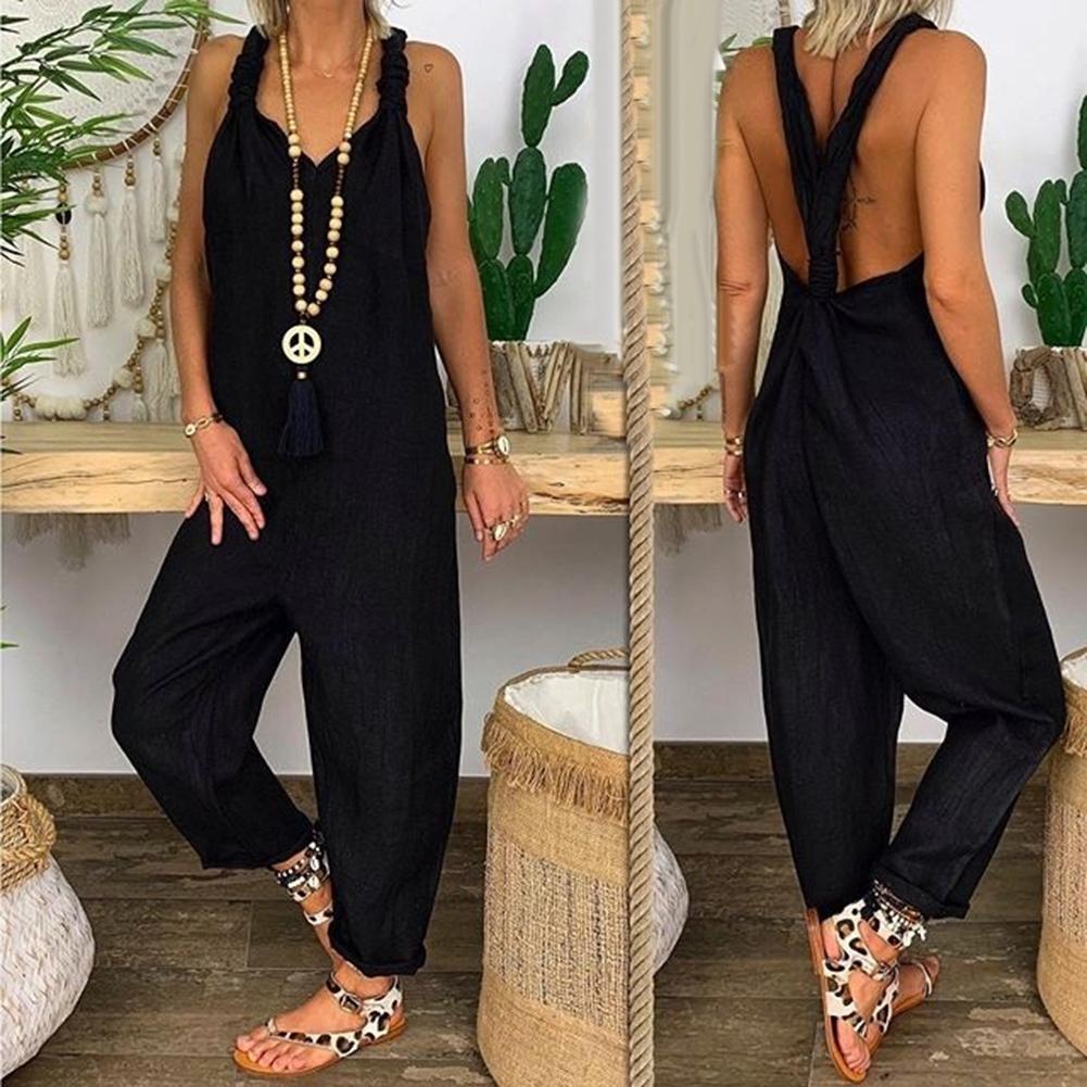 80% HOT SALES！！！Women Solid Color Bib Overall Sleeveless Backless Knotted Jumpsuit Dungarees