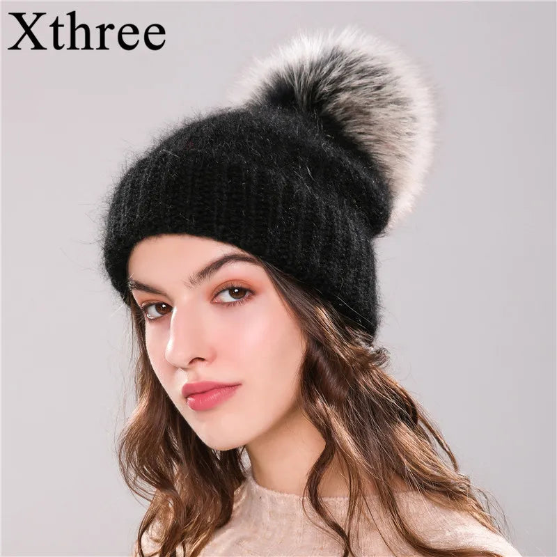 Xthree 70% Angola Rabbit Fur Knitted Hat with Real Fur Pom Pom Hat Skullie Beanie Winter Hat for Women  Girl 's Hat Female Cap