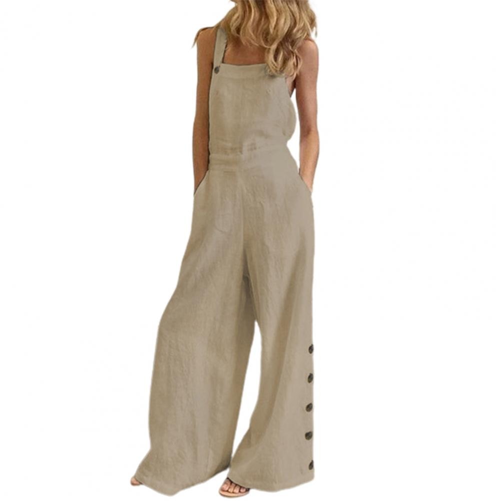 Women Jumpsuit Summer Sleeveless Solid Color Wide Leg Pockets Loose Strappy Playsuit Overall Wide Leg Pockets mono mujer verano