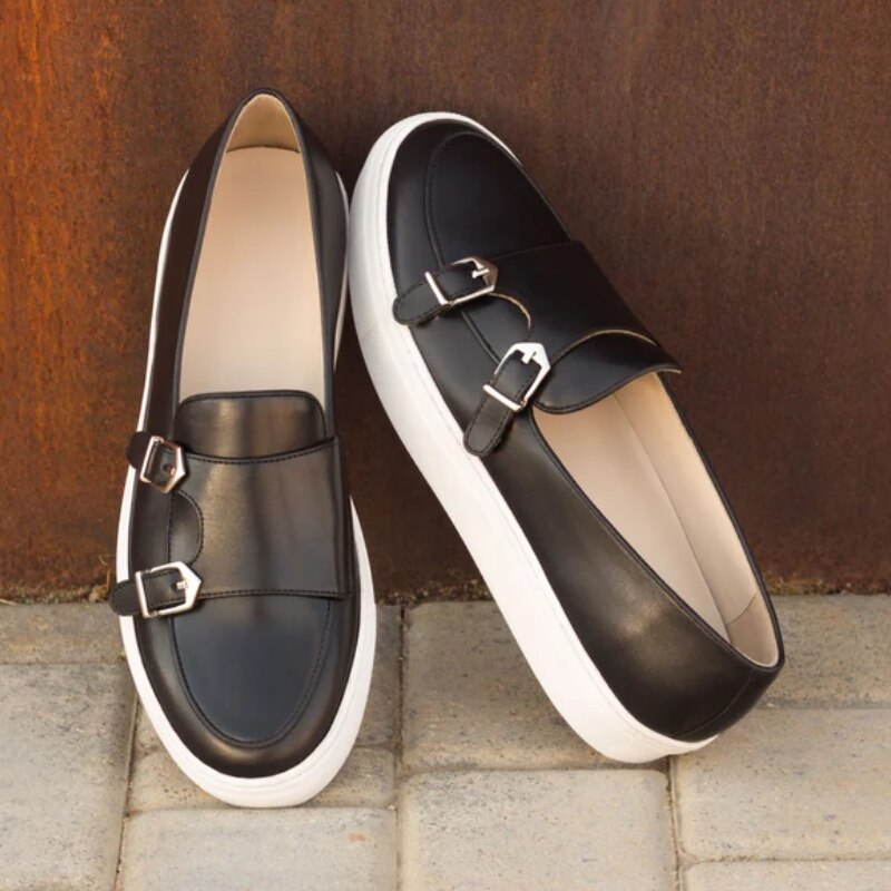 New Brown Men&#39;s Vulcanize Shoes Double Buckle Monk Shoes Black  Slip-On Lazy Shoes Handmade  Free Shipping Men Casual Shoes