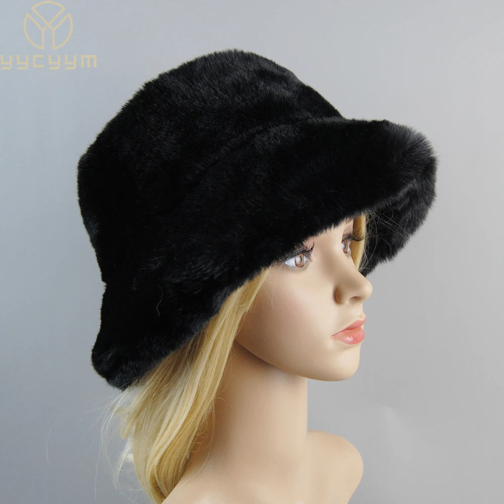 2024 New Style Fake Rabbit Fur Hats Super Soft Women Winter Hat Cotton Lining Warm Russian Fashion Ski Beanies Plush Solid Color