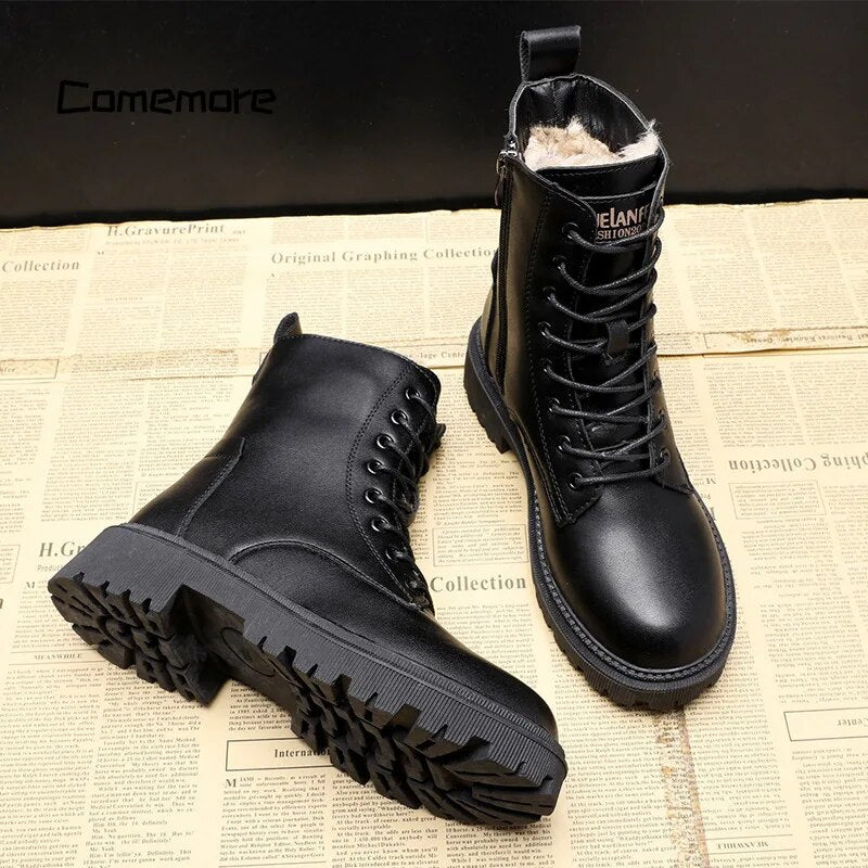 Comemore Black Leather Boot Ankle Booties Plush Warm Platform Shoe Fashion British Style Botas Winter Furry Boots Women Shoes 40