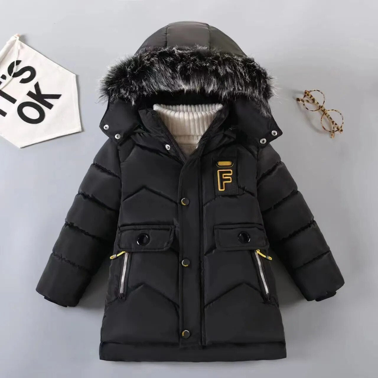 2023 New Style Winter Keep Warm Boys Jacket Letter F Fashion Lining With Plush Fur Collar Hooded Heavy Coat For Kids