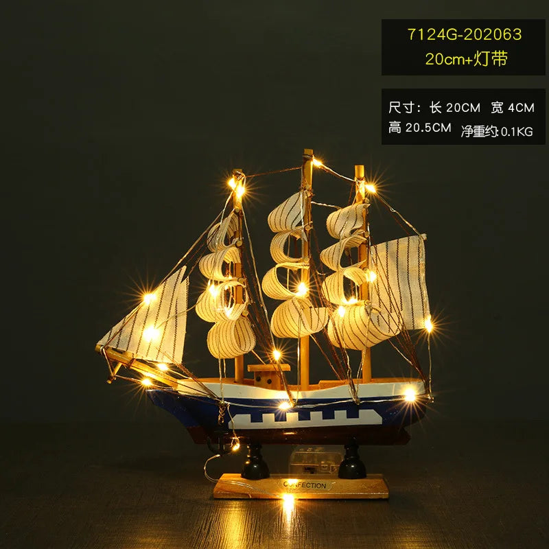 Pirate ship Sailboat model Wooden small wooden boat decoration Cake ornaments Fishing boat home tabletop decoration LED 16-20cm