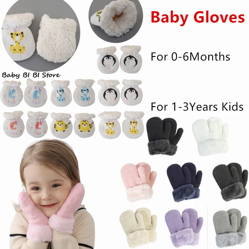 1Pair Winter Gloves Anti-grab Mittens Thicken Warm Fleece Glove Cute Boys Girls Hand Warmer For Newborn Baby 1-3Years