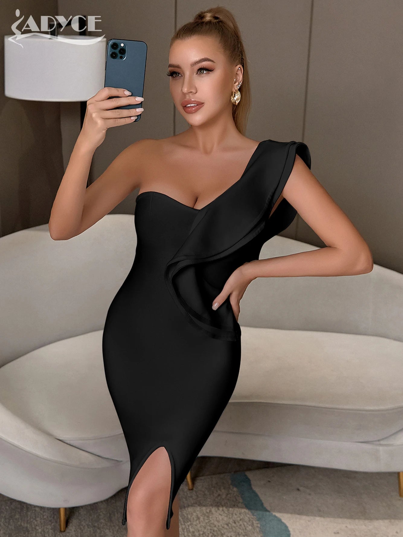 ADYCE 2023 New Summer One Shoulder Women Bandage Dress Celebrity Evening Party Dress Sexy Ruffles Midi Black Bodycon Club Dress