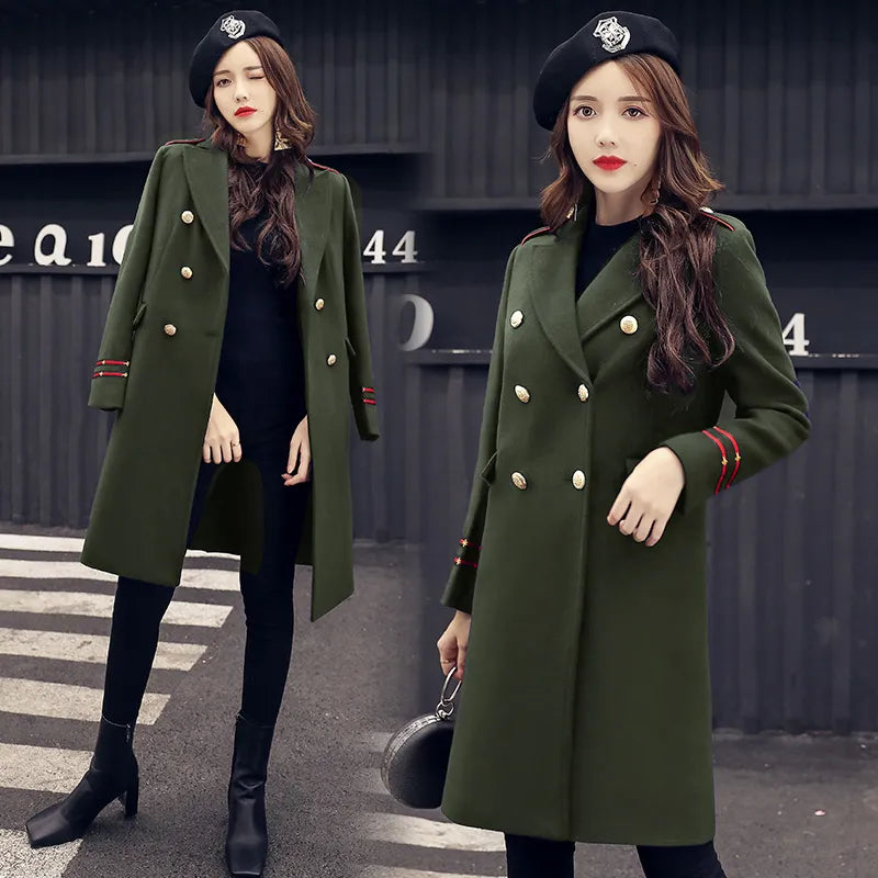 YASUGUOJI New 2021 Fashion Double Breasted Winter Coat Female Thicken Warn Overcoat Military Green Woollen Long Coat Women