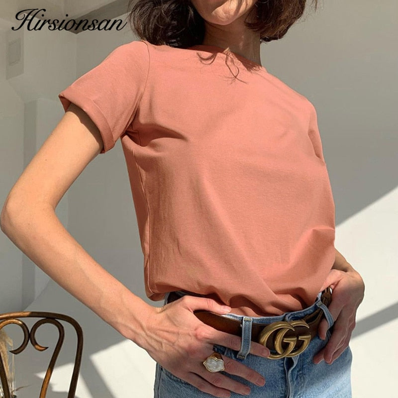 Hirsionsan 100% Cotton Oversized T Shirt Women Harajuku Basic Loose Short Sleeve Tees Soft Female Solid Tops Khaki Summer Jumper