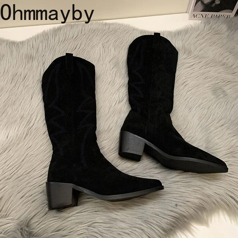 Woman Cowgirl Boots Fashion Slip On Ladies Elegant Square Low Heel Knee High Boots Shoes Women's Winter Footwear