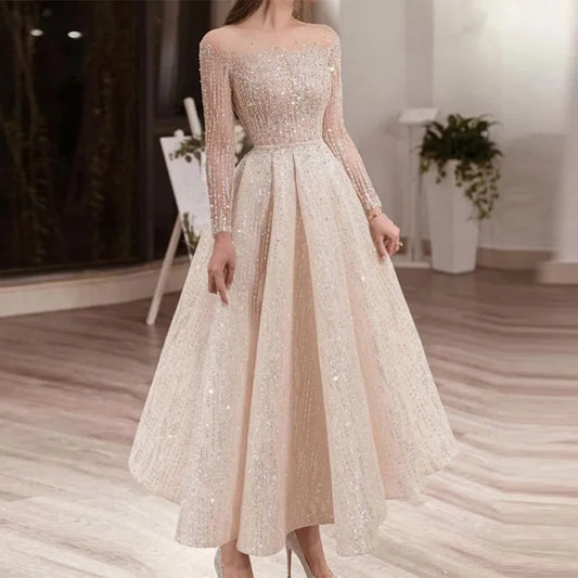 2023 New Arrival Summer Fashion Sexy Slim Fit Sequins Evening Dress Solid Color Long Sleeved Elegant Mid Dress Ladies for Party