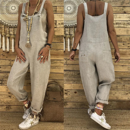 Woman Cotton Linen Suspender Pants Solid Color Loose Bib Straight Leg Jumpsuits Vintage Baggy Overalls Trousers Pockets Playsuit