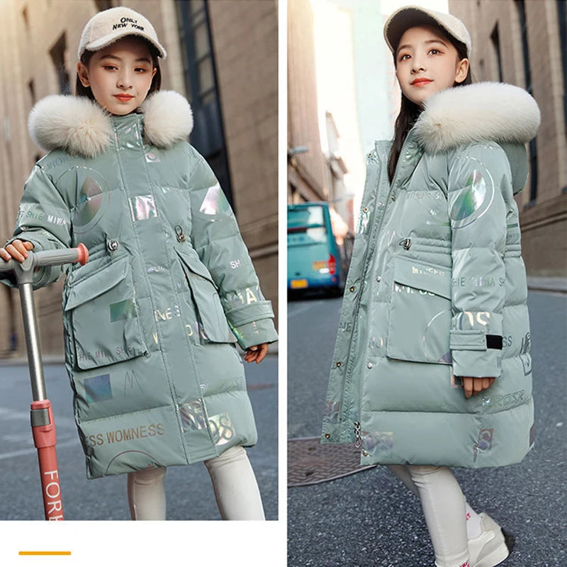 6-14 Years Girls Down Jacket Winter Keep Warm Long Style Parka Hooded Zipper Fur Collar Girls Outerwear Christmas Kids Clothes