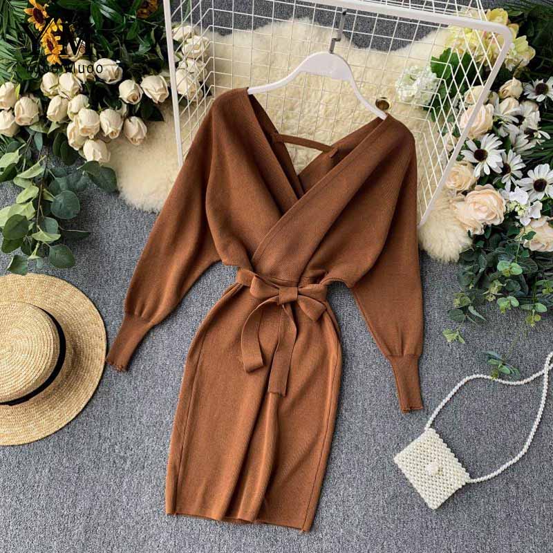 YuooMuoo Autumn Winter Women Knitted Sweater Dress 2022 New Korean Long Batwing Sleeve V Neck Elegant Dress Ladies Bandage Dress