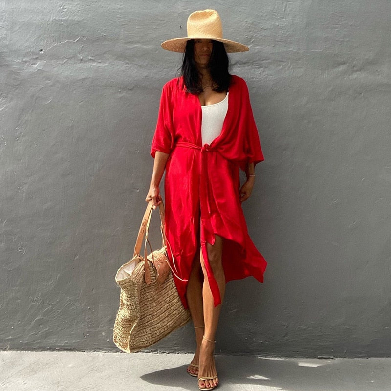 Beach Cover Up Kimono Women Summer 2022 New Pareo Swimsuit Cape Solid Bohemian Tunic Dresses Bathing Suits Dropshipping