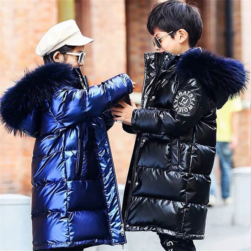 Fashion Shiny Boys Outerwear Winter -30℃ Coats Teenager Windproof Warm Down Jackets Children Clothing Long Parkas Kids Overcoat