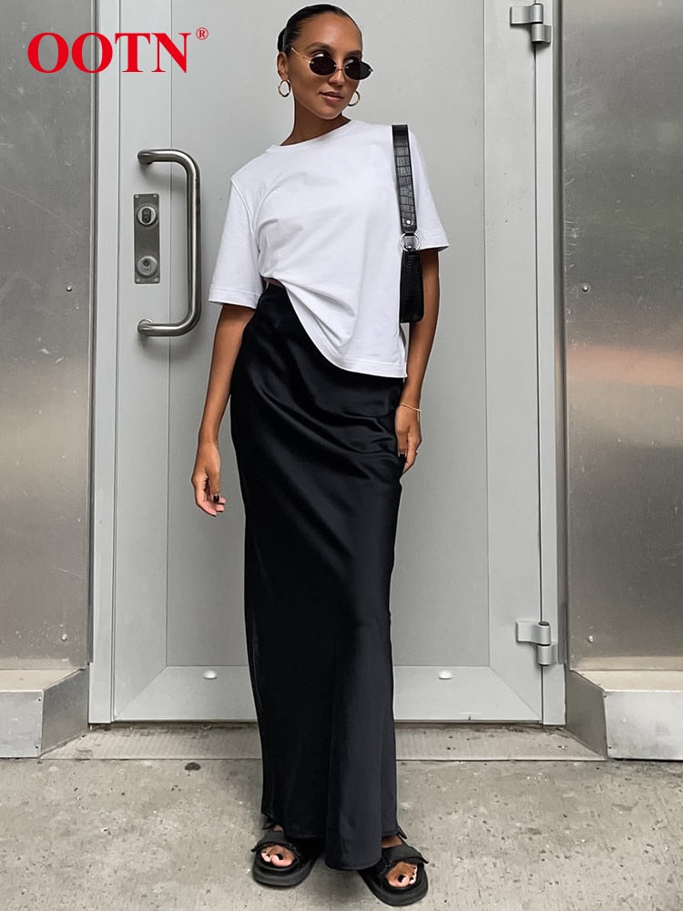 OOTN Elegant Satin Black Trumpet Skirts Fashion Slim High Waist Skirts Women Female 2023 Solid Office Long Skirt Spring Summer