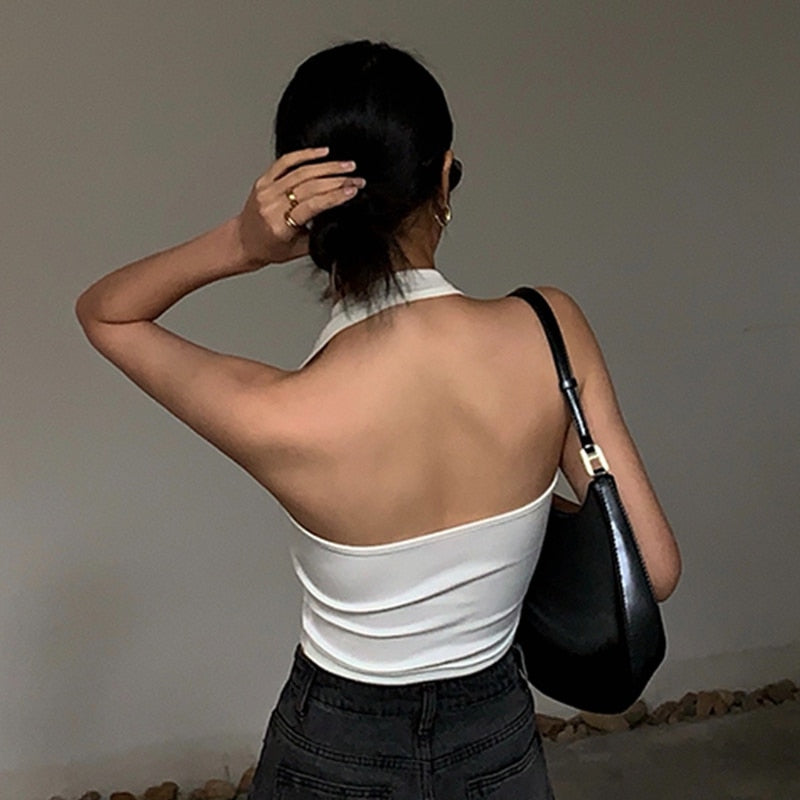 Cotton Sexy Backless Black White Tank Tops Halter Streetwear Vest Female Crop Top Summer 2023 Basic T-shirts Ladies Tube Camis