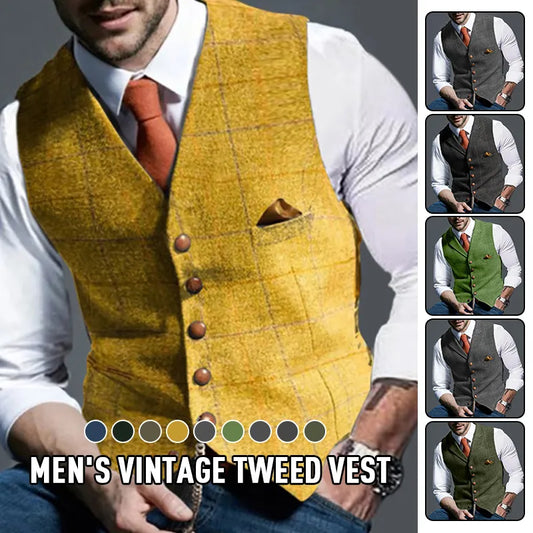 Fashion Men's Vests Lapel Tweed Plaid V-neck Waistcoat Slim Fit Vest Business Formal Dress Suit Casual Wedding Tuxedo Male Vest