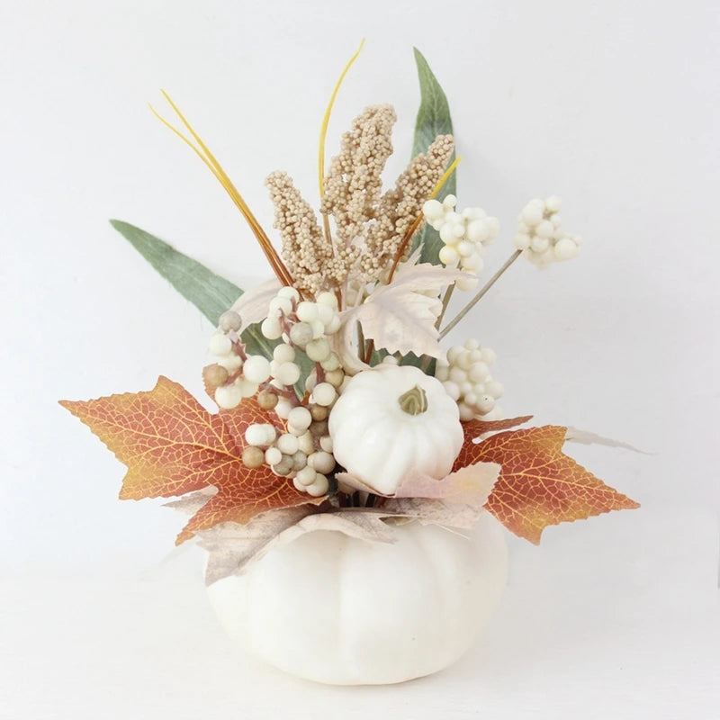 Fall Thanksgiving Decorations Autumn Harvest Artificial Pumpkin Arrangement with Berries Maple Leaves for Table