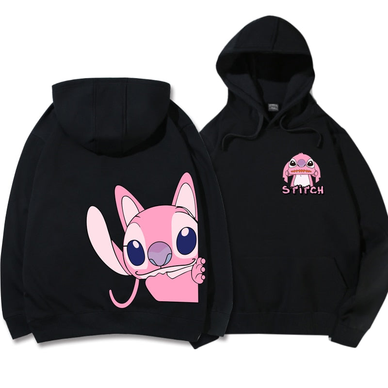 Disney Hoodie Fashion Stitch Angel Monster Letter Cartoon Sweatshirt Pullover Cute Harajuku Unisex Women&#39;s Pocket Top