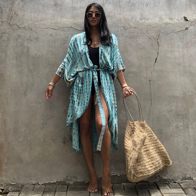 Beach Cover Ups for Swimwear Women Black Tie Dye Kimono Swimsuit Cape Summer Dress 2022 Beachwear Outfits Sales