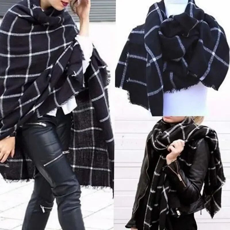 1PC 2023 195CM * 75CM New Lady Women Blanket Black White Plaid Cozy Checked Tartan Scarf Wraps Shawl