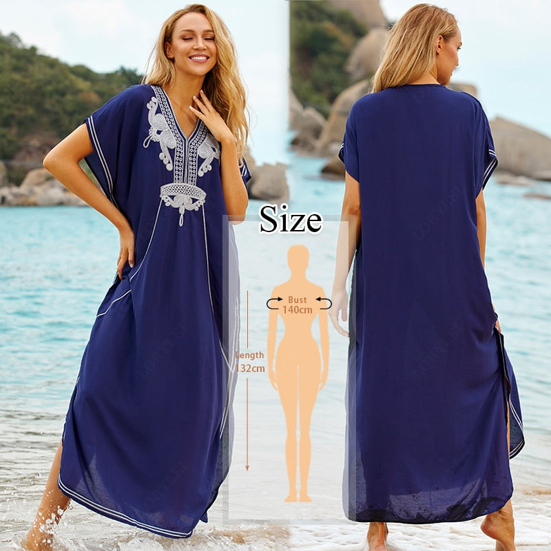 2023 Sexy Cold Shoulder V Neck Bats Sleeve Loose Summer Beach Dress Plus Size Women Beachwear Kaftan Black Dresses Q943