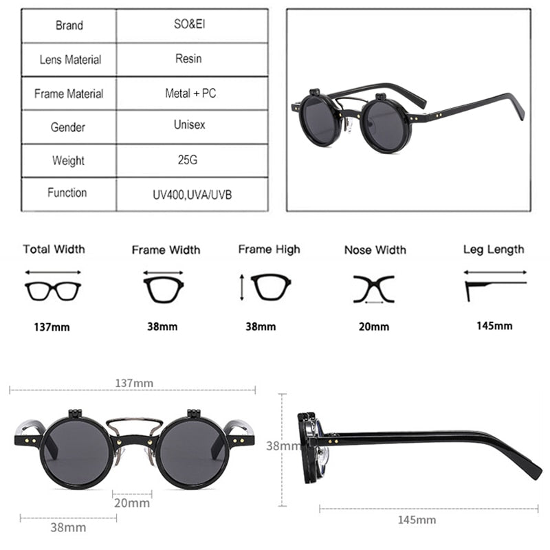 SO&amp;EI Ins Popular Fashion Small Round Punk Double Bridges Women Sunglasses Retro Flip Lens Shades UV400 Men Rivets Sun Glasses