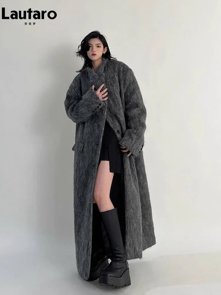 Lautaro Autumn Winter Clothes Women Oversized Extra Long Casual Warm Grey Wool & Blends Coat Women Maxi Fluffy Woolen Overcoat